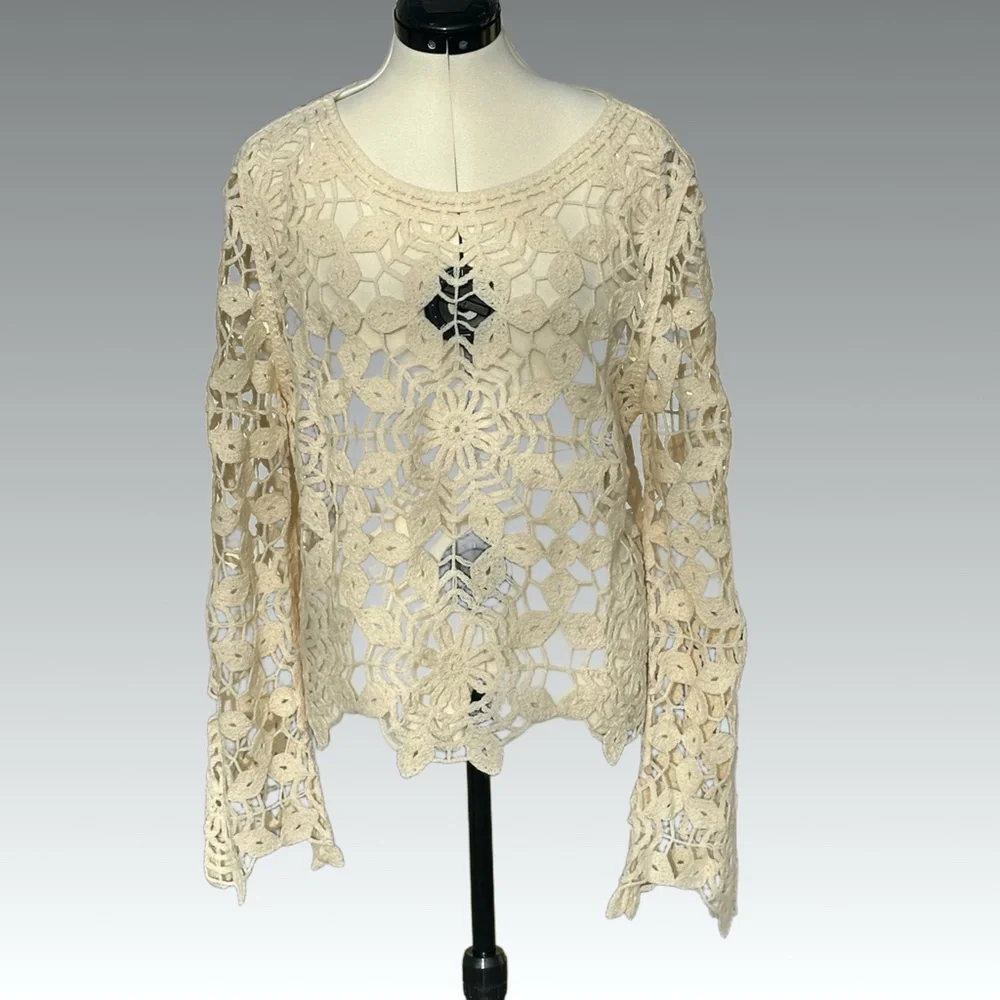 Ivory Crochet Floral Bell Sleeve Sweater XL | Boho Cottage Festival 70s Retro - Picture 3 of 7